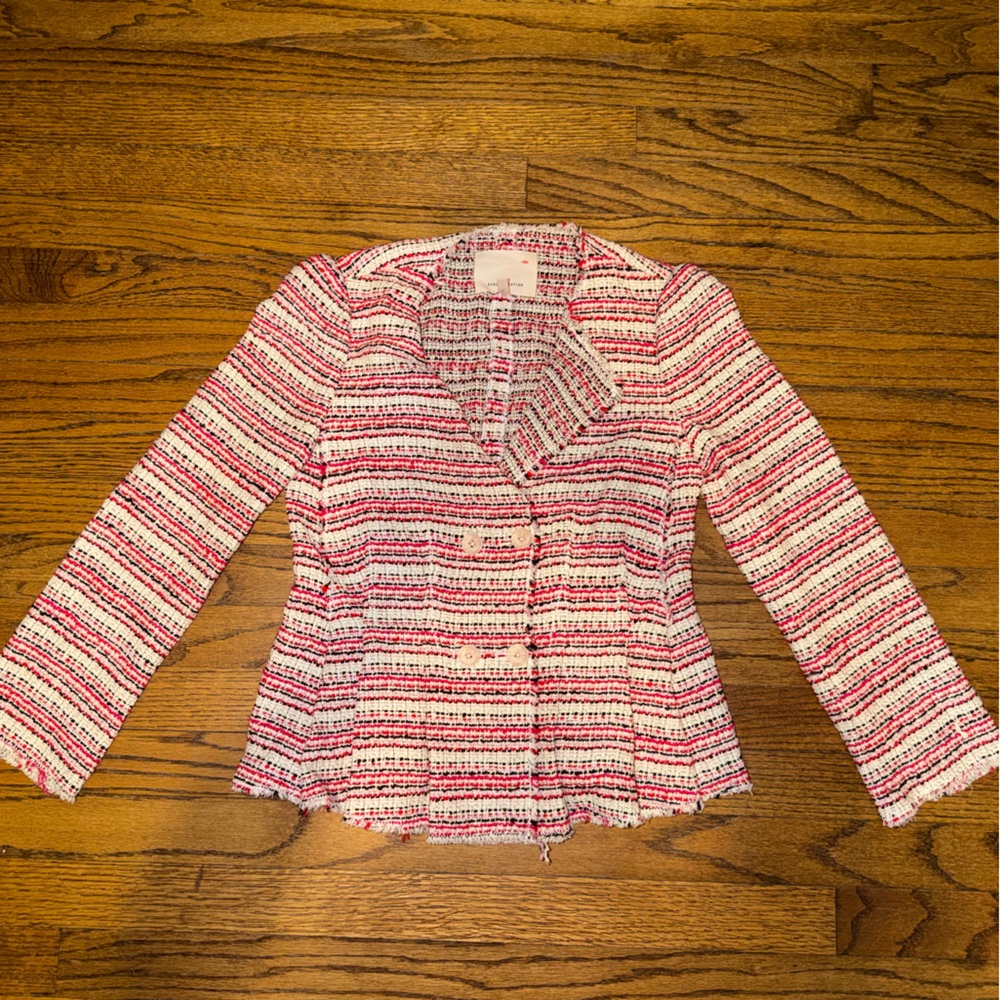 Rebecca Taylor Red and Pink Textured Knit Flare Striped Blazer Size 0 - Picture 6 of 7